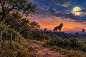 Un cánido oscuro aparece sobre una loma junto a un camino rural al anochecer.