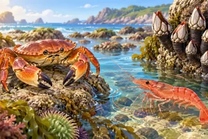 Ilustración de un cangrejo, un camarón y percebes en una costa rocosa.