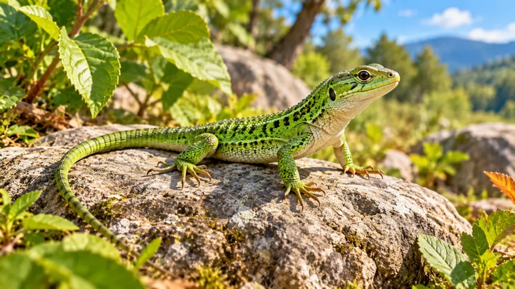 Lagarto verde sobre una roca al sol entre plantas.