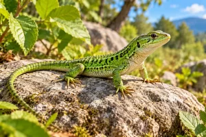 Lagarto verde sobre una roca al sol entre plantas.