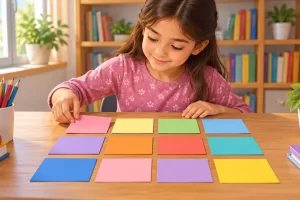 Una niña ordena doce tarjetas de colores en tres filas.