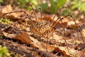 Opilión de cuerpo continuo y ocho patas finas en la hojarasca