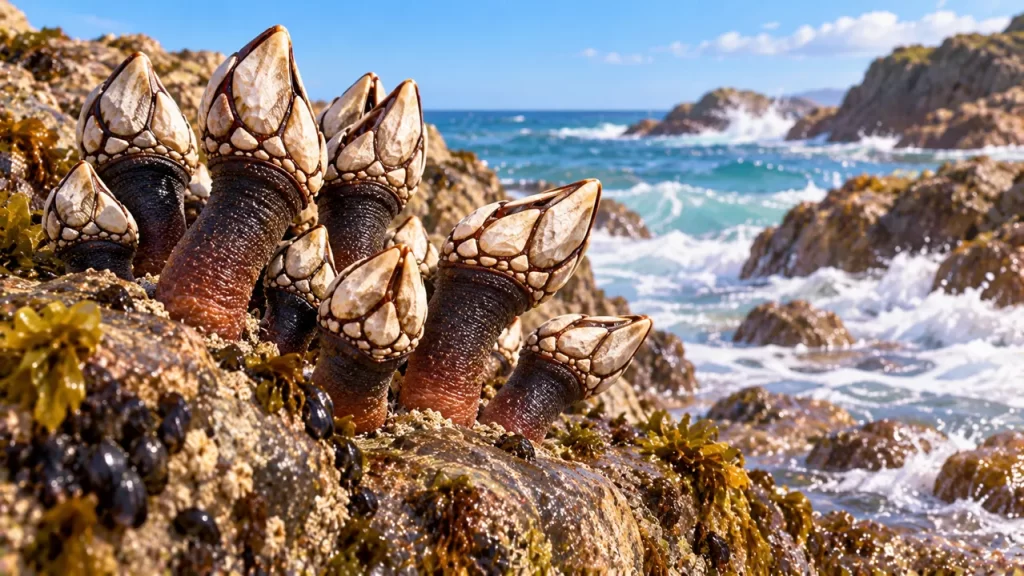 Ilustración cercana de percebes adheridos a una roca junto al mar.