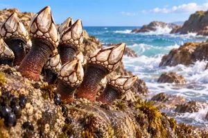 Ilustración cercana de percebes adheridos a una roca junto al mar.