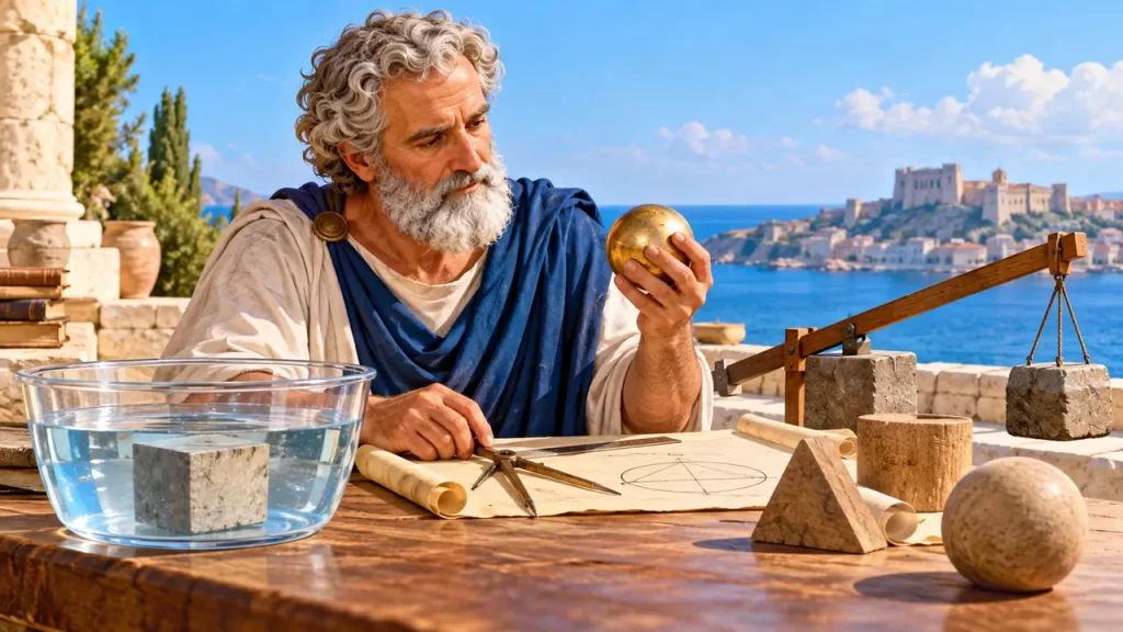 Arquímedes para niños: su vida y sus ideas explicadas 1 Un estudioso de la Antigüedad observa una esfera junto a agua, una palanca y figuras geométricas.