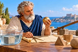 Un estudioso de la Antigüedad observa una esfera junto a agua, una palanca y figuras geométricas.