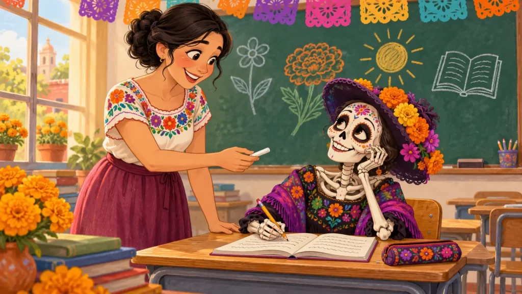 Una maestra ofrece una tiza a la Catrina, que escribe en un cuaderno dentro de un aula decorada con papel picado.