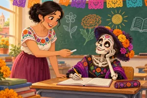 Una maestra ofrece una tiza a la Catrina, que escribe en un cuaderno dentro de un aula decorada con papel picado.