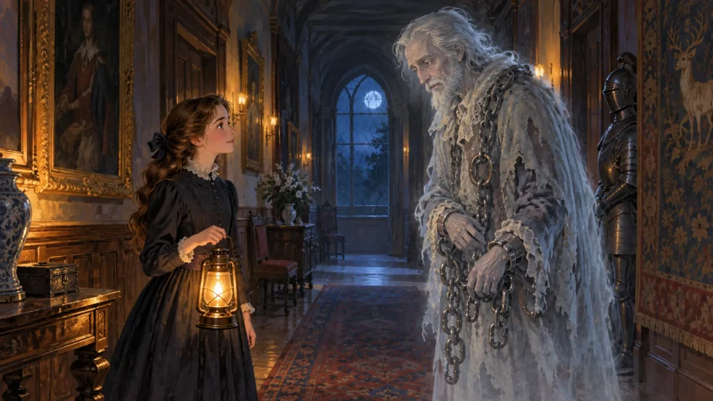 El fantasma de Canterville: adaptación para leer y comprender 1 Virginia con una lámpara conversa con el fantasma de sir Simon en un corredor de Canterville.
