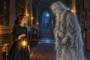 Virginia con una lámpara conversa con el fantasma de sir Simon en un corredor de Canterville.