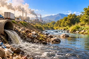 Una tubería, residuos, tráfico y chimeneas aparecen junto a un río.