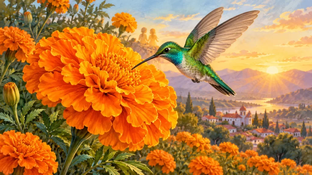La leyenda de la flor de cempasúchil para niños: cuento y actividades 1 Un colibrí se acerca a una flor naranja de cempasúchil en un paisaje mexicano al amanecer.