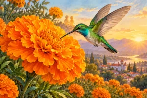 Un colibrí se acerca a una flor naranja de cempasúchil en un paisaje mexicano al amanecer.