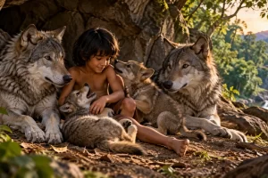 Un niño se sienta con una familia de lobos junto a una cueva.
