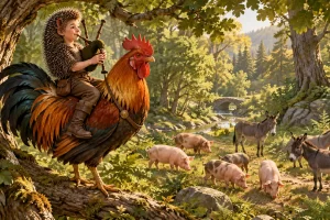 Hans el erizo toca la gaita sobre un gallo fantástico en un bosque.