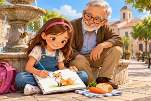 Una niña dibuja un zorro junto a una fuente mientras su abuelo la acompaña.