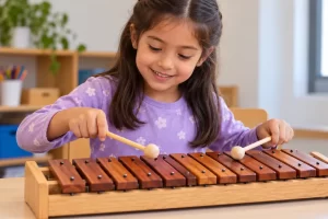 Una niña toca un xilófono de madera con dos baquetas.