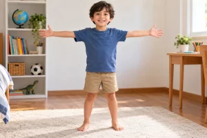 Un niño saluda con los brazos abiertos, con manos y pies visibles.