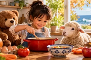 Ilustración de una niña con una olla, un oso de peluche y una oveja, ante una ventana con vista al mar.