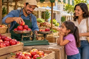 Vendedor colocando manzanas en una balanza ante una madre y su hija.