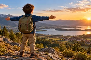 Niño con mochila observando un paisaje montañoso al atardecer.