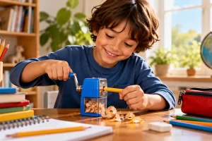 Niño afilando un lápiz con un sacapuntas de manivela.