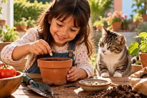 Niña cuidando una maceta mientras un gato observa.