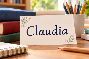 Tarjeta con el nombre Claudia junto a libros y lápices.