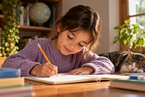 Una estudiante escribe ejemplos en su cuaderno junto a una ventana.