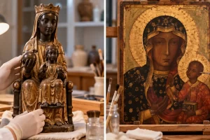 Una talla de madera oscura y una pintura religiosa aparecen en dos escenas de taller.