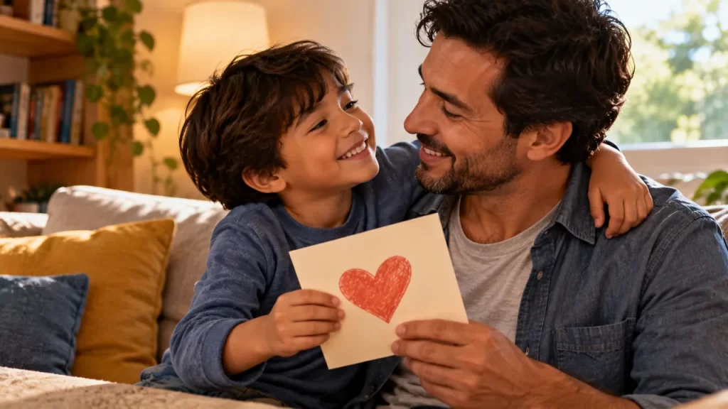 Un niño abraza a su padre y le entrega una tarjeta con un corazón dibujado.