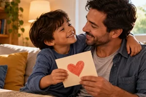 Un niño abraza a su padre y le entrega una tarjeta con un corazón dibujado.