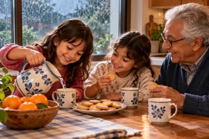 Dos niñas y un abuelo compartiendo una merienda junto a una ventana.