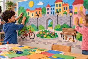 Niños creando un mural de papel con edificios, un puente y plantas.