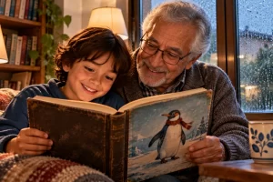 Niño y abuelo leyendo juntos un libro junto a una ventana.