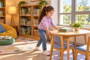 Una niña coloca libros sobre una mesa en una sala de lectura.