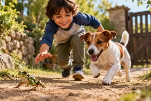 Un niño y un perro observan una rana en un camino.