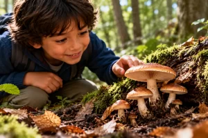Un niño observa de cerca unos hongos sobre madera del bosque.