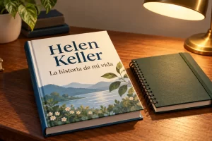 Libro de cubierta original con Helen Keller y La historia de mi vida junto a un cuaderno y una lámpara.