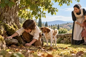Niño encontrando algo junto a un árbol, acompañado de una cuidadora y una niña.