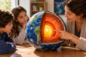 Docente y alumnos observando una maqueta de las capas de la Tierra.