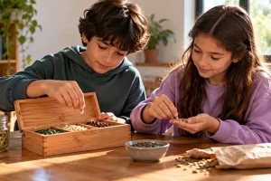 Dos niños clasificando semillas para guardarlas en una caja.