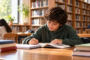 Niño leyendo y escribiendo en una biblioteca.