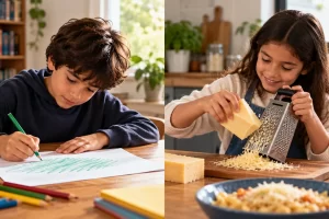 Dos escenas muestran a un niño rayando un papel y a una niña rallando queso.