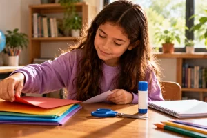 Una niña prepara hojas de colores y materiales sobre una mesa.
