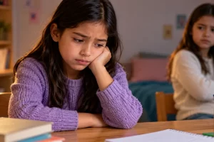 Una niña pensativa junto a una compañera en un aula.