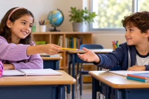 Dos estudiantes se pasan un lápiz en un aula.