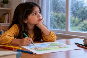 Una niña dibuja un jardín mientras llueve al otro lado de la ventana.