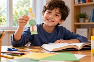 Un niño muestra un marcador de papel decorado que ha hecho para su libro.