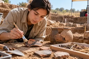 Arqueóloga imaginada examinando fragmentos de cerámica en una excavación.
